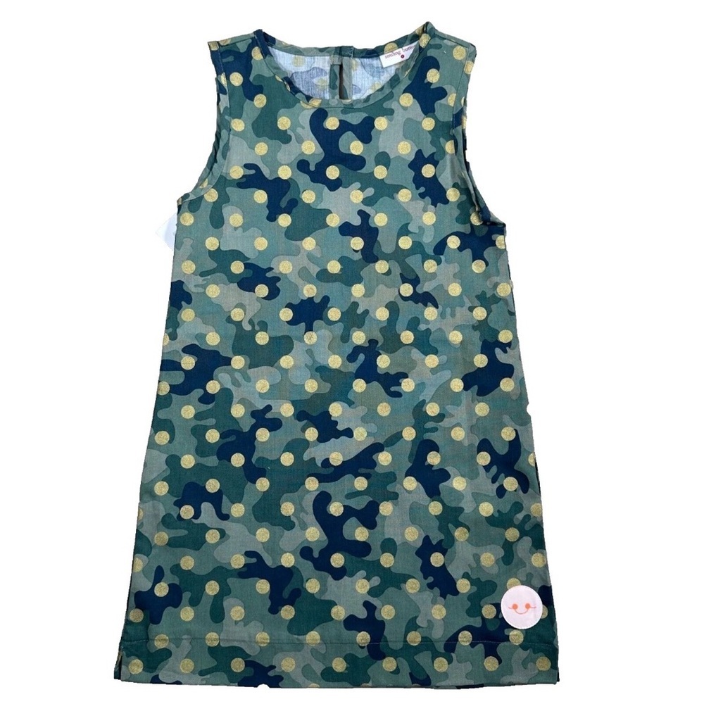 Smiling Button Polka Dot Dress Girls Green Camo Gold Tunic